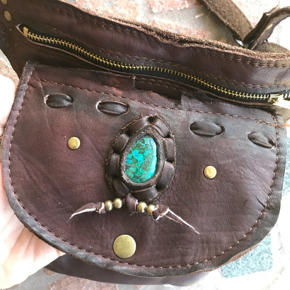 LAST ONE ! brown leather & chrysocolla boho bag - Picture 3 of 8